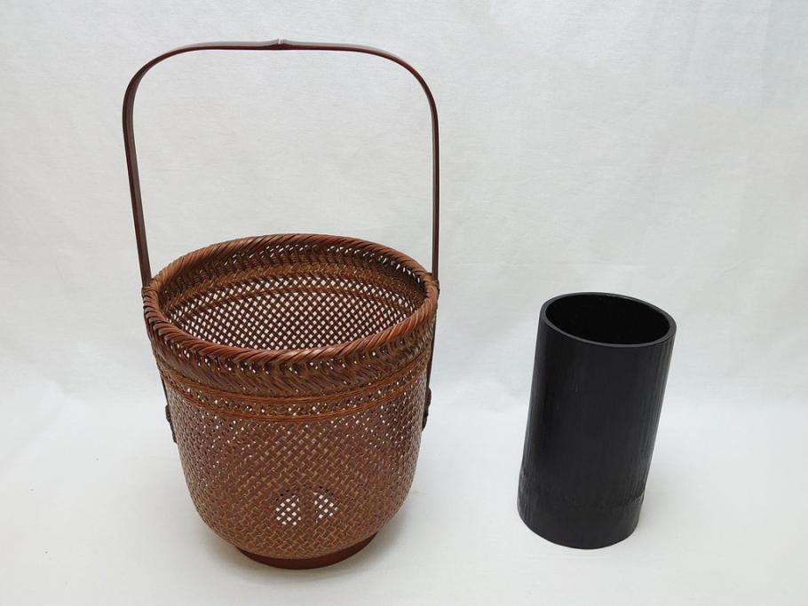 超話題新作 八木澤啓造(蒼かん) 時雨花籠(共箱付き、花入、竹工芸、花カゴ 工芸品