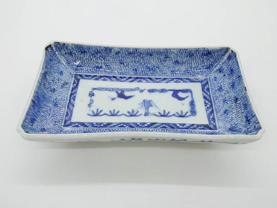 江戸期　成化年製　古伊万里　染付　微塵唐草　松竹梅文　約20cm　6.6寸　お料理を引き立ててくれる長皿2枚セット(角皿、和食器、和皿、六寸六分)(R-080999)