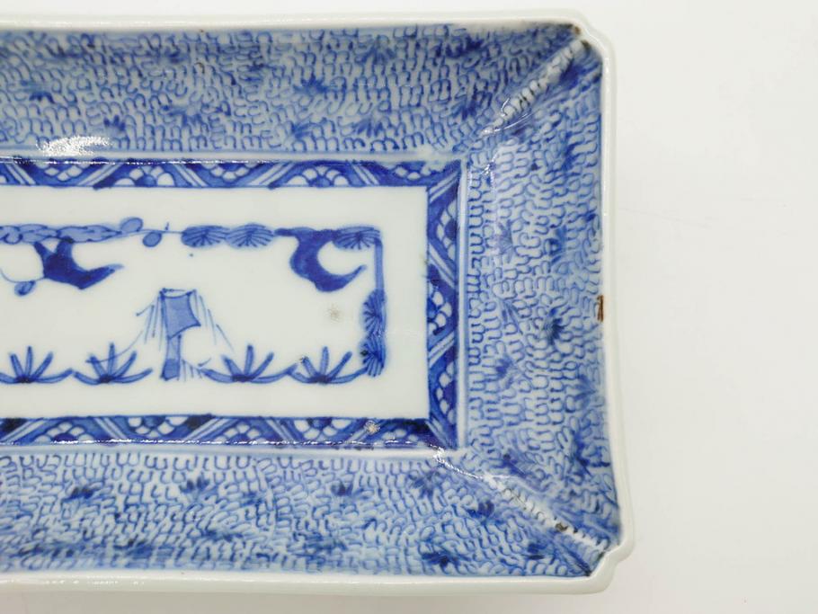 江戸期　成化年製　古伊万里　染付　微塵唐草　松竹梅文　約20cm　6.6寸　お料理を引き立ててくれる長皿2枚セット(角皿、和食器、和皿、六寸六分)(R-080999)