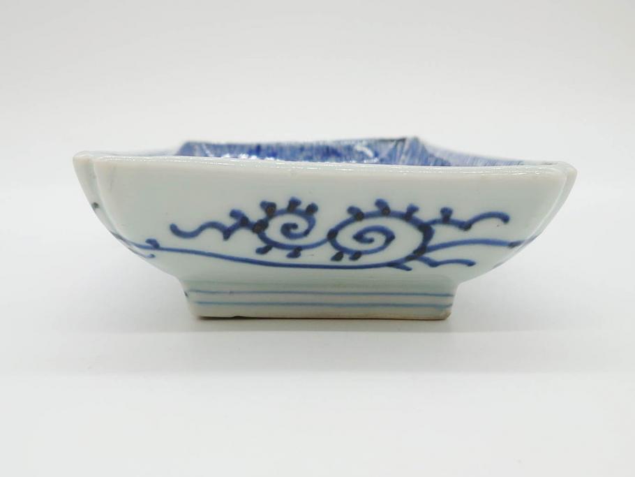 江戸期　成化年製　古伊万里　染付　微塵唐草　松竹梅文　約20cm　6.6寸　お料理を引き立ててくれる長皿2枚セット(角皿、和食器、和皿、六寸六分)(R-080999)