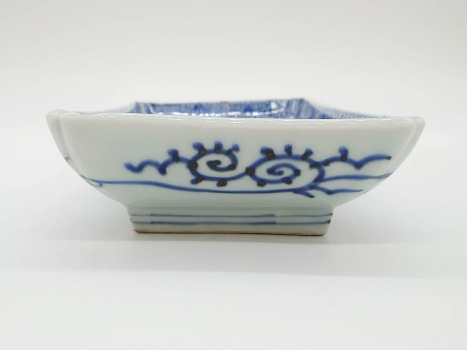 江戸期　成化年製　古伊万里　染付　微塵唐草　松竹梅文　約20cm　6.6寸　お料理を引き立ててくれる長皿2枚セット(角皿、和食器、和皿、六寸六分)(R-080999)