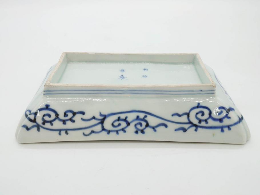 江戸期　成化年製　古伊万里　染付　微塵唐草　松竹梅文　約20cm　6.6寸　お料理を引き立ててくれる長皿2枚セット(角皿、和食器、和皿、六寸六分)(R-080999)