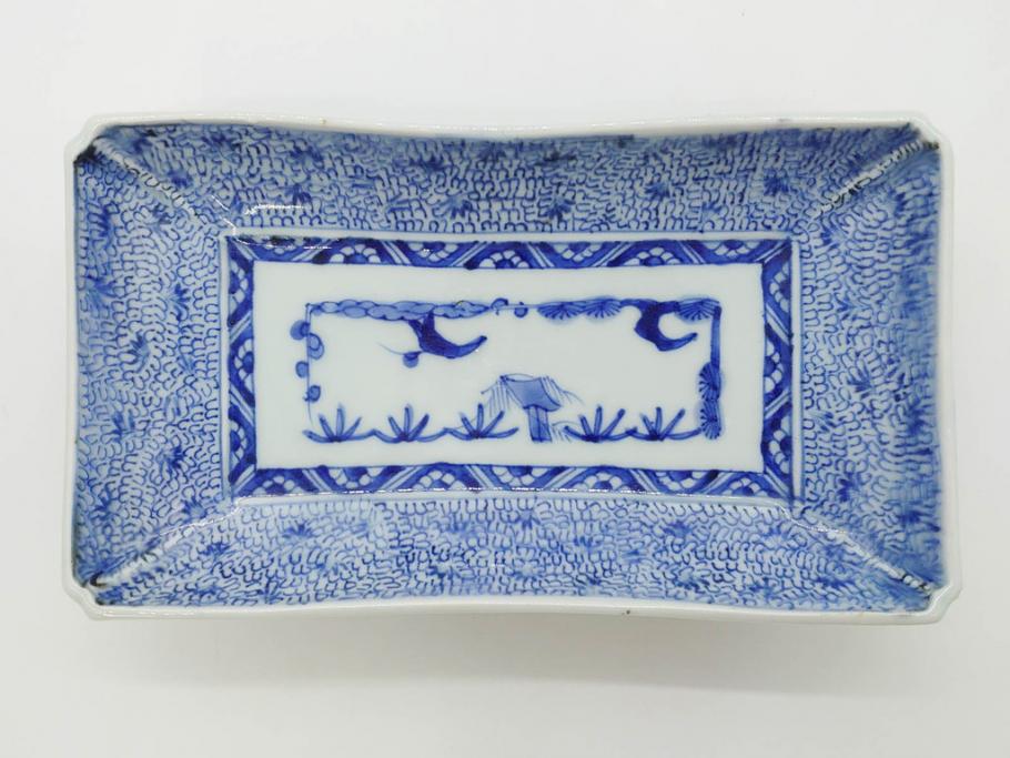 江戸期　成化年製　古伊万里　染付　微塵唐草　松竹梅文　約20cm　6.6寸　お料理を引き立ててくれる長皿2枚セット(角皿、和食器、和皿、六寸六分)(R-080999)
