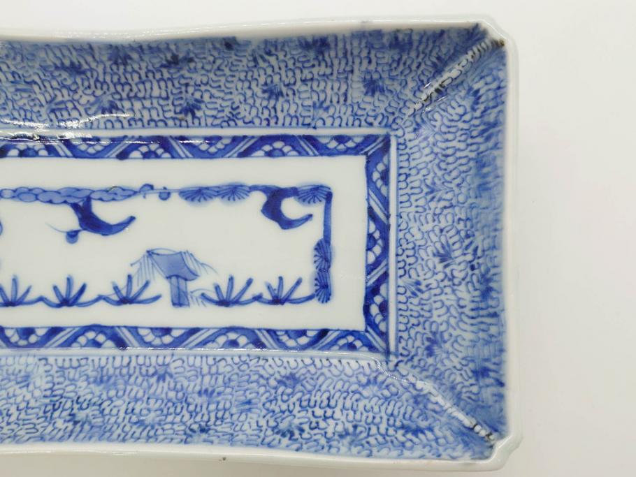 江戸期　成化年製　古伊万里　染付　微塵唐草　松竹梅文　約20cm　6.6寸　お料理を引き立ててくれる長皿2枚セット(角皿、和食器、和皿、六寸六分)(R-080999)