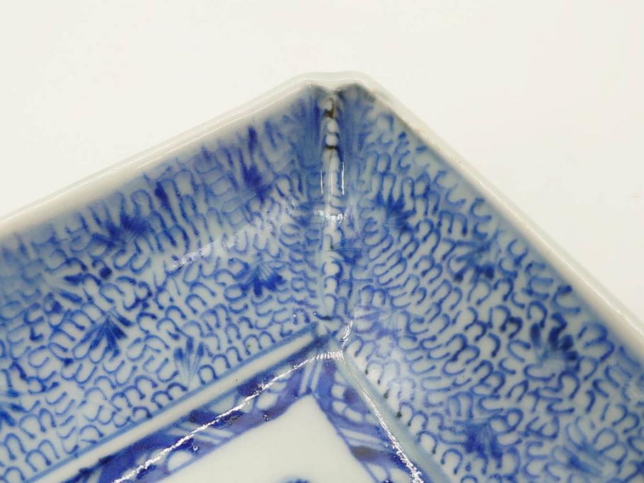 江戸期　成化年製　古伊万里　染付　微塵唐草　松竹梅文　約20cm　6.6寸　お料理を引き立ててくれる長皿2枚セット(角皿、和食器、和皿、六寸六分)(R-080999)
