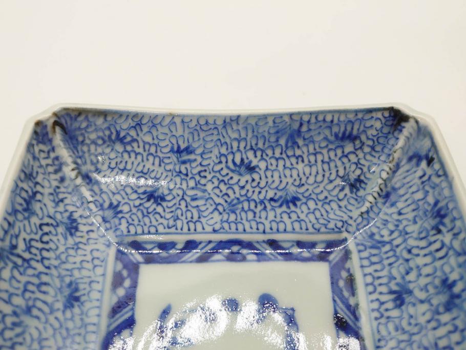 江戸期　成化年製　古伊万里　染付　微塵唐草　松竹梅文　約20cm　6.6寸　お料理を引き立ててくれる長皿2枚セット(角皿、和食器、和皿、六寸六分)(R-080999)