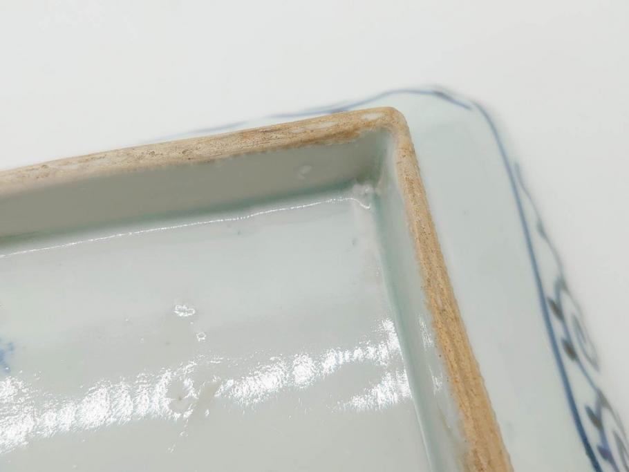 江戸期　成化年製　古伊万里　染付　微塵唐草　松竹梅文　約20cm　6.6寸　お料理を引き立ててくれる長皿2枚セット(角皿、和食器、和皿、六寸六分)(R-080999)