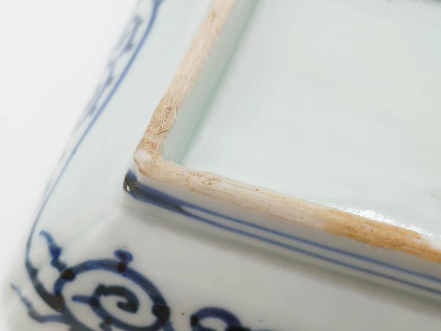 江戸期　成化年製　古伊万里　染付　微塵唐草　松竹梅文　約20cm　6.6寸　お料理を引き立ててくれる長皿2枚セット(角皿、和食器、和皿、六寸六分)(R-080999)