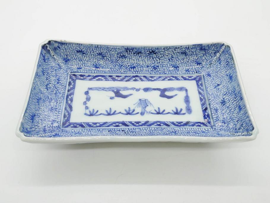 江戸期　成化年製　古伊万里　染付　微塵唐草　松竹梅文　約20cm　6.6寸　匠の美技が光る長皿2枚セット(角皿、和食器、和皿、六寸六分)(R-081000)