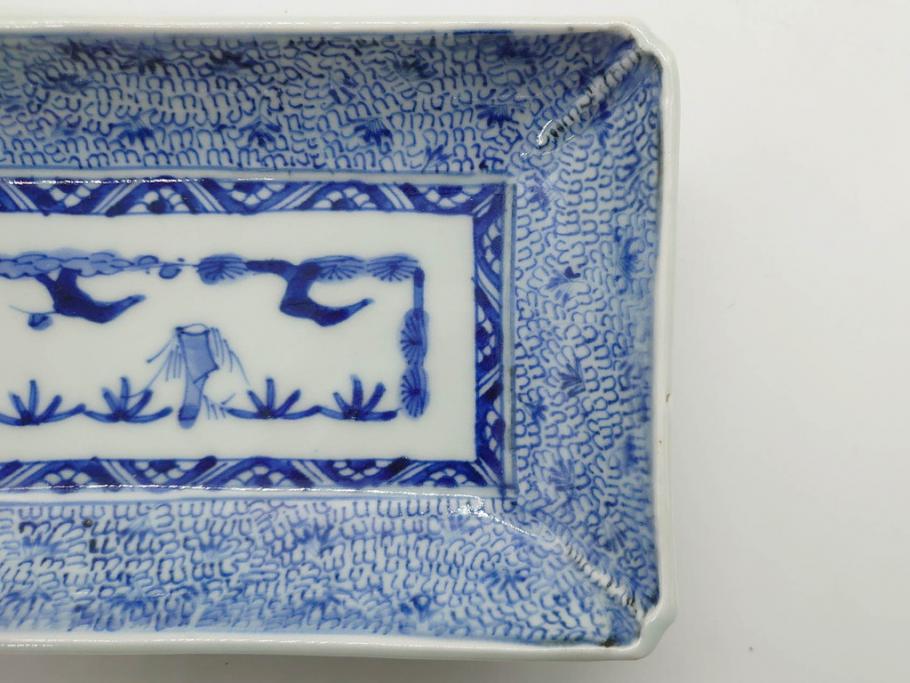 江戸期　成化年製　古伊万里　染付　微塵唐草　松竹梅文　約20cm　6.6寸　匠の美技が光る長皿2枚セット(角皿、和食器、和皿、六寸六分)(R-081000)