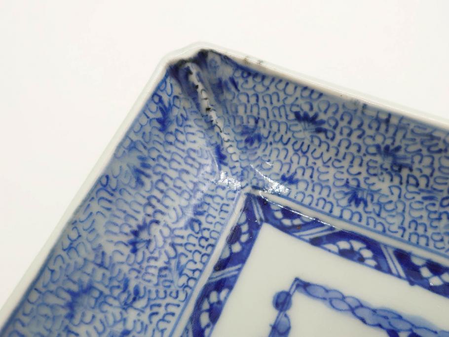 江戸期　成化年製　古伊万里　染付　微塵唐草　松竹梅文　約20cm　6.6寸　匠の美技が光る長皿2枚セット(角皿、和食器、和皿、六寸六分)(R-081000)