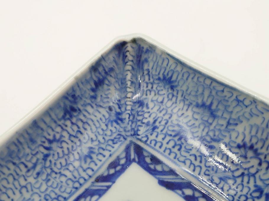 江戸期　成化年製　古伊万里　染付　微塵唐草　松竹梅文　約20cm　6.6寸　匠の美技が光る長皿2枚セット(角皿、和食器、和皿、六寸六分)(R-081000)