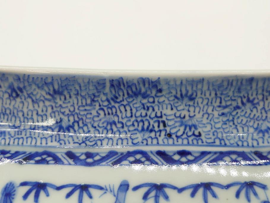 江戸期　成化年製　古伊万里　染付　微塵唐草　松竹梅文　約20cm　6.6寸　匠の美技が光る長皿2枚セット(角皿、和食器、和皿、六寸六分)(R-081000)