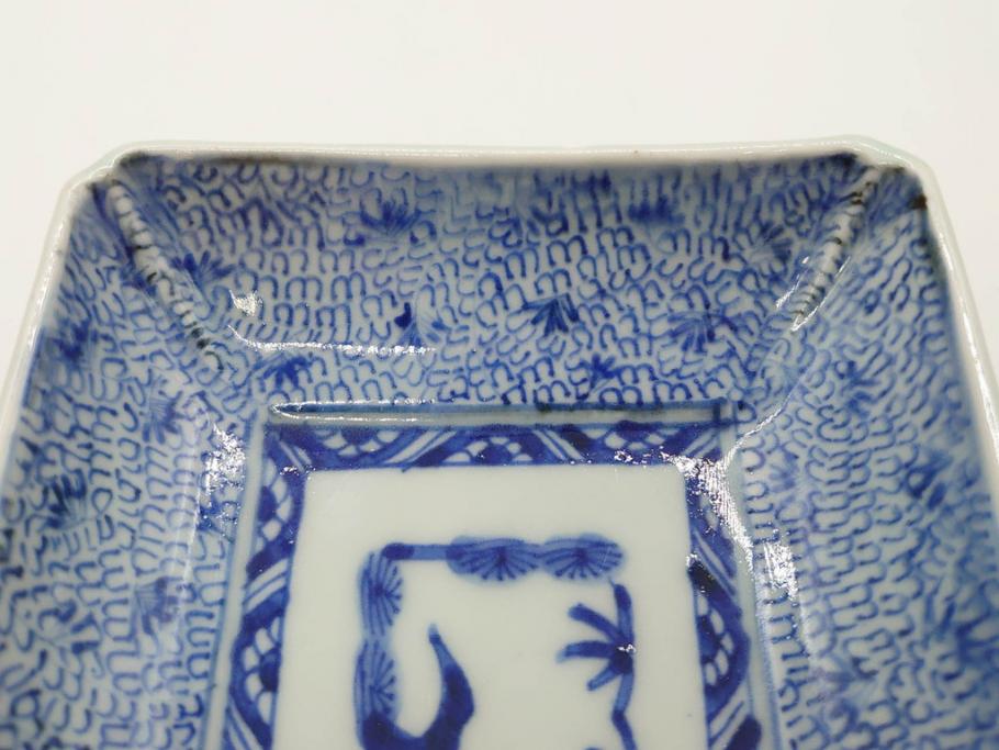 江戸期　成化年製　古伊万里　染付　微塵唐草　松竹梅文　約20cm　6.6寸　匠の美技が光る長皿2枚セット(角皿、和食器、和皿、六寸六分)(R-081000)
