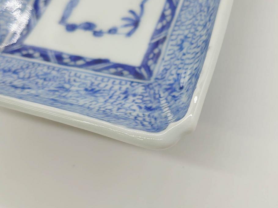 江戸期　成化年製　古伊万里　染付　微塵唐草　松竹梅文　約20cm　6.6寸　匠の美技が光る長皿2枚セット(角皿、和食器、和皿、六寸六分)(R-081000)