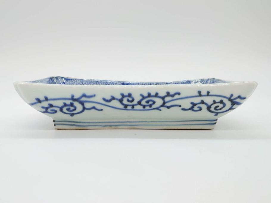 江戸期　成化年製　古伊万里　染付　微塵唐草　松竹梅文　約20cm　6.6寸　匠の美技が光る長皿2枚セット(角皿、和食器、和皿、六寸六分)(R-081000)
