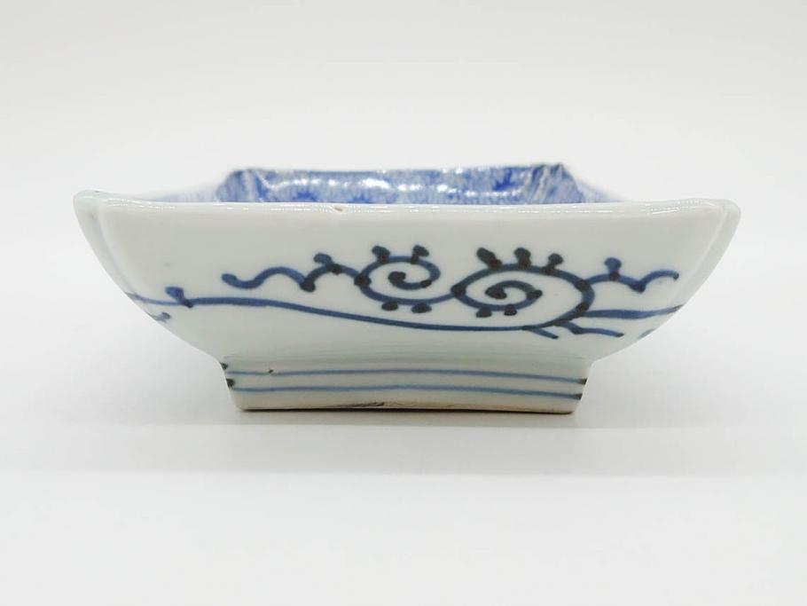 江戸期　成化年製　古伊万里　染付　微塵唐草　松竹梅文　約20cm　6.6寸　匠の美技が光る長皿2枚セット(角皿、和食器、和皿、六寸六分)(R-081000)