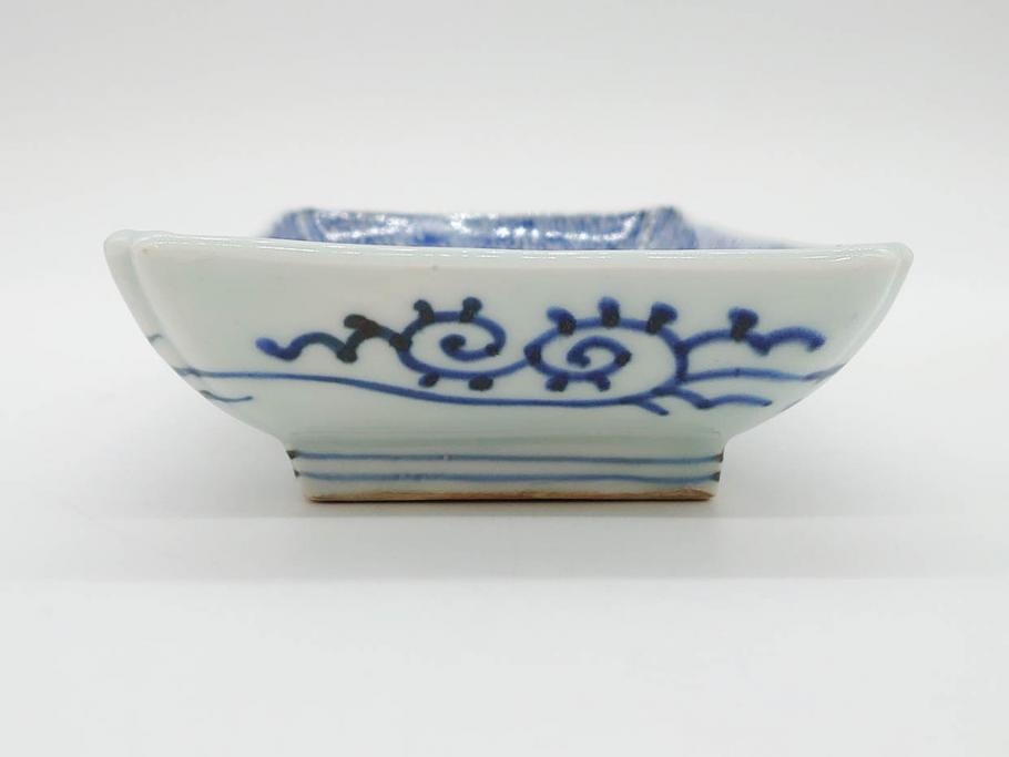 江戸期　成化年製　古伊万里　染付　微塵唐草　松竹梅文　約20cm　6.6寸　匠の美技が光る長皿2枚セット(角皿、和食器、和皿、六寸六分)(R-081000)