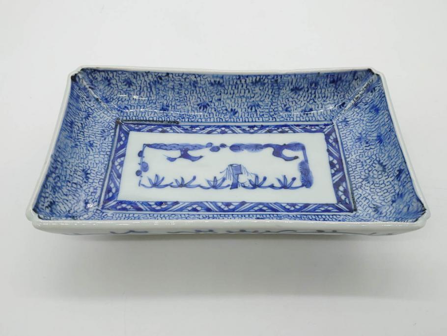 江戸期　成化年製　古伊万里　染付　微塵唐草　松竹梅文　約20cm　6.6寸　匠の美技が光る長皿2枚セット(角皿、和食器、和皿、六寸六分)(R-081000)