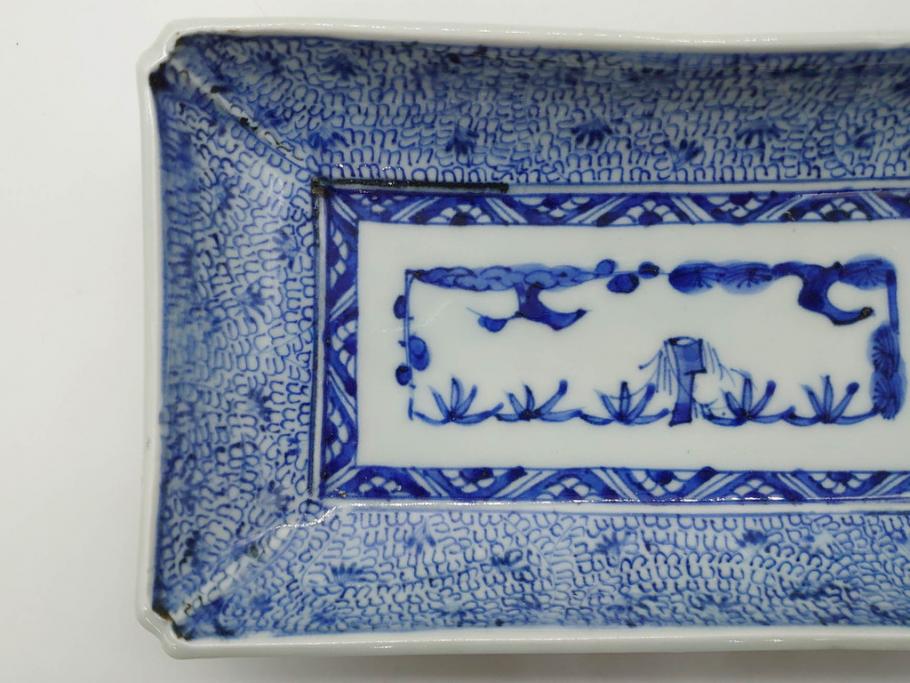 江戸期　成化年製　古伊万里　染付　微塵唐草　松竹梅文　約20cm　6.6寸　匠の美技が光る長皿2枚セット(角皿、和食器、和皿、六寸六分)(R-081000)