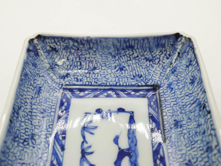 江戸期　成化年製　古伊万里　染付　微塵唐草　松竹梅文　約20cm　6.6寸　匠の美技が光る長皿2枚セット(角皿、和食器、和皿、六寸六分)(R-081000)