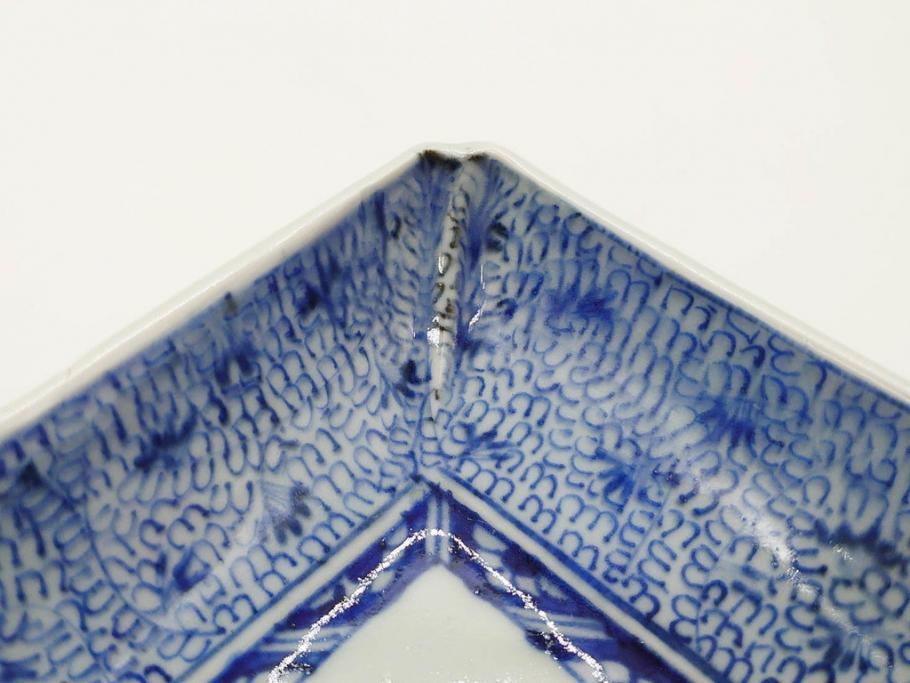 江戸期　成化年製　古伊万里　染付　微塵唐草　松竹梅文　約20cm　6.6寸　匠の美技が光る長皿2枚セット(角皿、和食器、和皿、六寸六分)(R-081000)