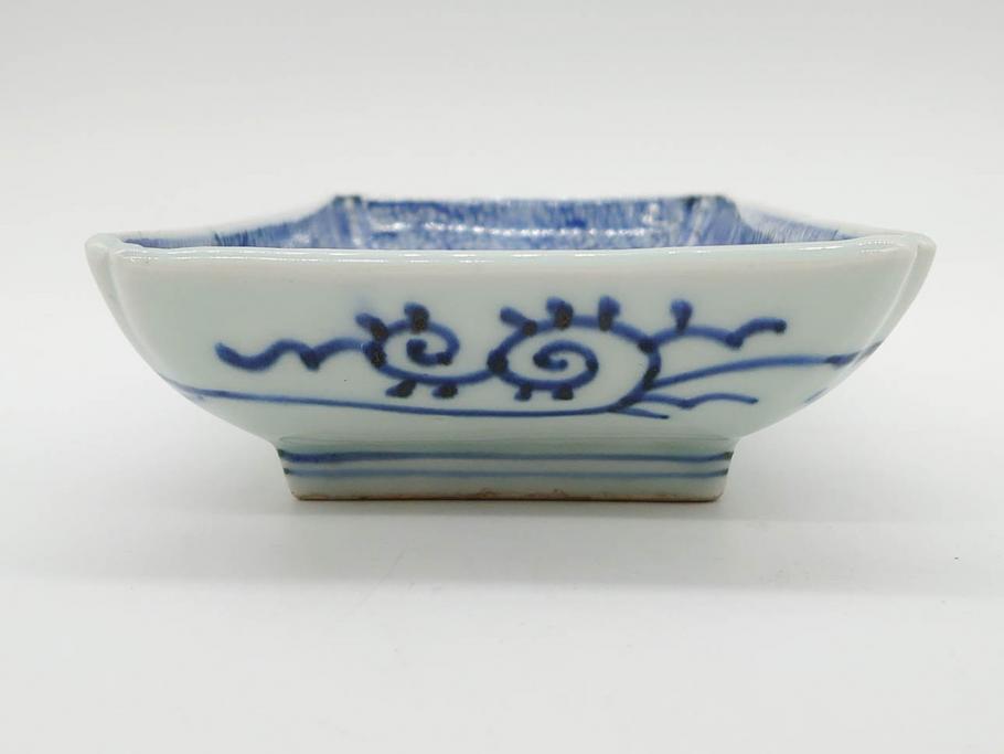 江戸期　成化年製　古伊万里　染付　微塵唐草　松竹梅文　約20cm　6.6寸　匠の美技が光る長皿2枚セット(角皿、和食器、和皿、六寸六分)(R-081000)