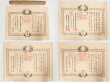大正4・8・9年　昭和3年　勲三等　四等　五等　瑞宝章　勲六等　単光旭日章　勲記4枚セット(賞状、証書、丸筒付き)(R-080769)
