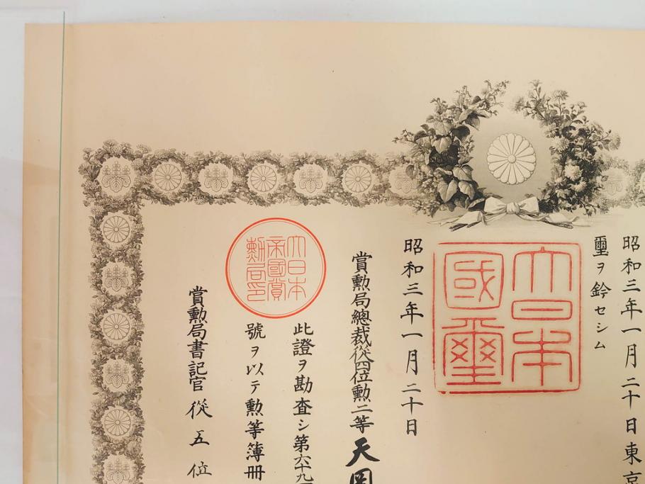 大正4・8・9年　昭和3年　勲三等　四等　五等　瑞宝章　勲六等　単光旭日章　勲記4枚セット(賞状、証書、丸筒付き)(R-080769)