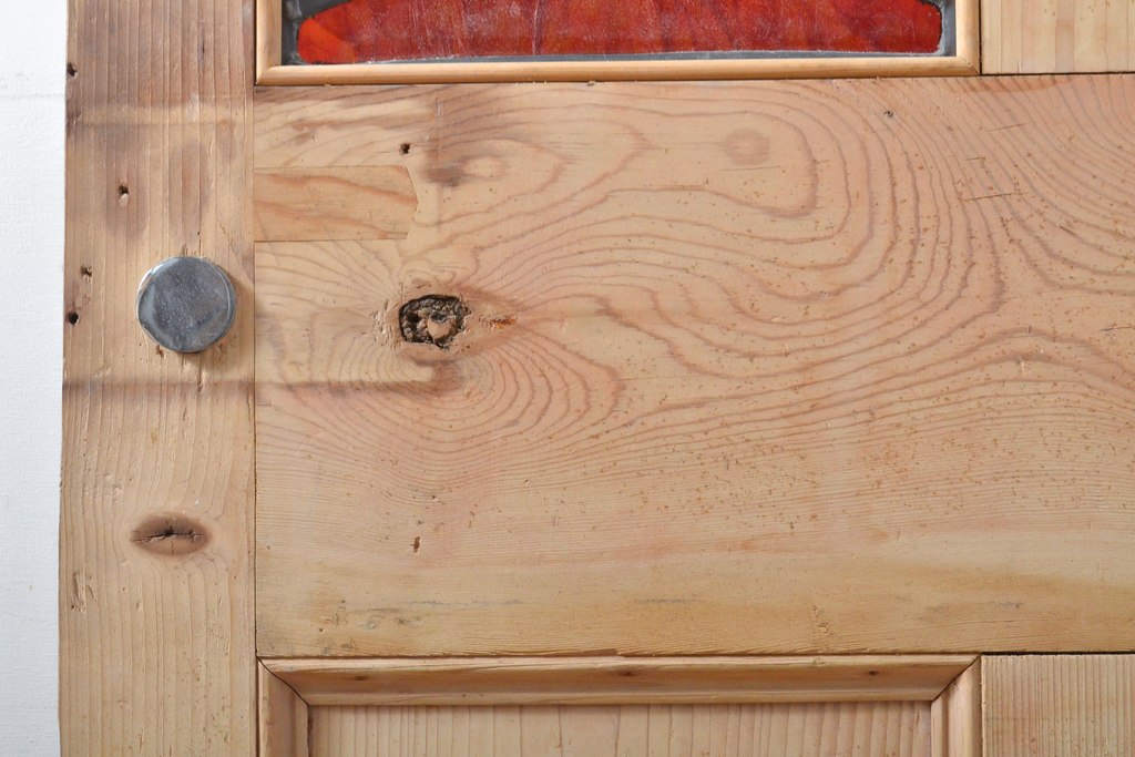 アンティーク建具　イギリス製　ナチュラルなパイン材製!かわいいステンドグラスドア(扉、玄関ドア)(R-055978)