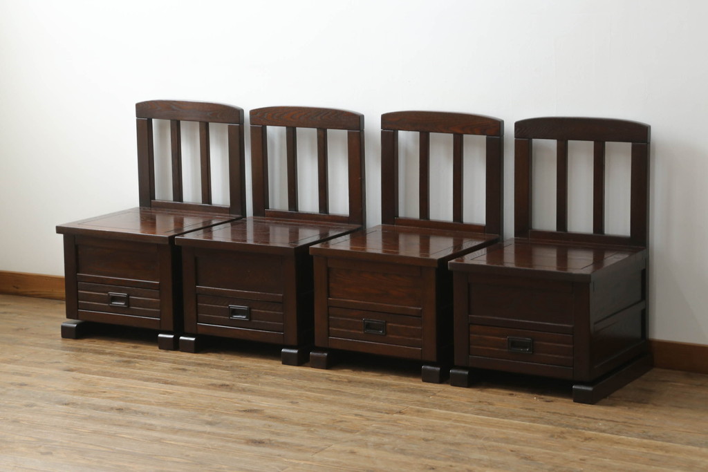 中古　民芸家具　ニレ材　引き出し付きで使い勝手抜群の回転囲炉裏チェア4脚セット(回転椅子、回転チェア、ダイニングチェア、板座チェア)(R-068185)