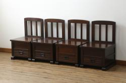 中古　民芸家具　ニレ材　引き出し付きで使い勝手抜群の回転囲炉裏チェア4脚セット(回転椅子、回転チェア、ダイニングチェア、板座チェア)(R-068185)