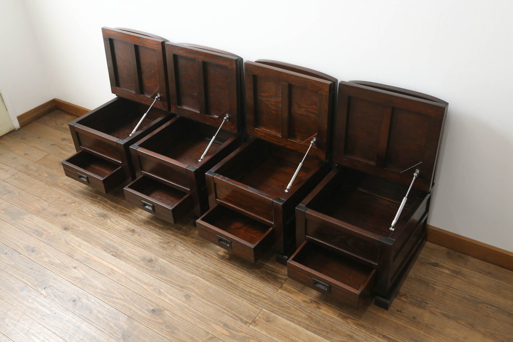中古　民芸家具　ニレ材　引き出し付きで使い勝手抜群の回転囲炉裏チェア4脚セット(回転椅子、回転チェア、ダイニングチェア、板座チェア)(R-068185)