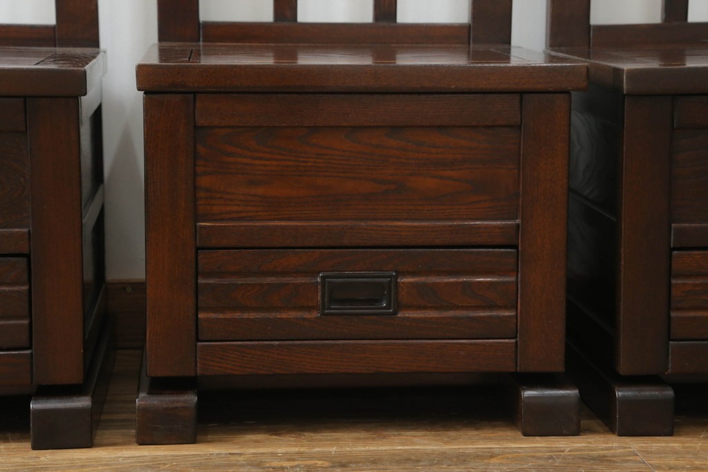 中古　民芸家具　ニレ材　引き出し付きで使い勝手抜群の回転囲炉裏チェア4脚セット(回転椅子、回転チェア、ダイニングチェア、板座チェア)(R-068185)