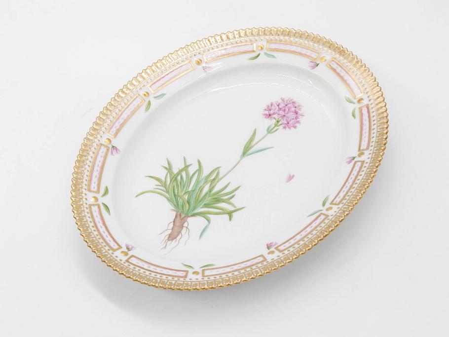 デンマーク　ROYAL COPENHAGEN(ロイヤルコペンハーゲン)　フローラダニカ　ピンクの花のデザインが可愛らしいオーバルプレート(金彩、フラワー、ディッシュ、中皿、洋食器、北欧)(R-080997)　