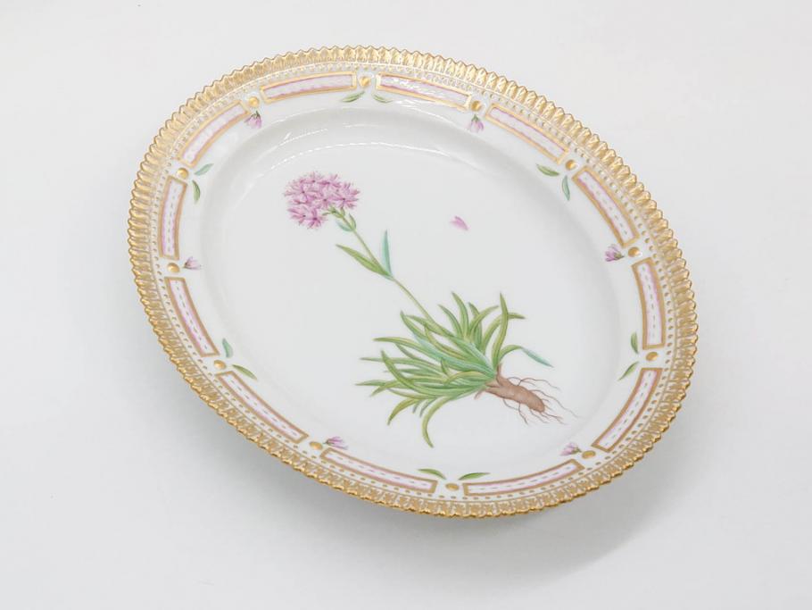デンマーク　ROYAL COPENHAGEN(ロイヤルコペンハーゲン)　フローラダニカ　ピンクの花のデザインが可愛らしいオーバルプレート(金彩、フラワー、ディッシュ、中皿、洋食器、北欧)(R-080997)　