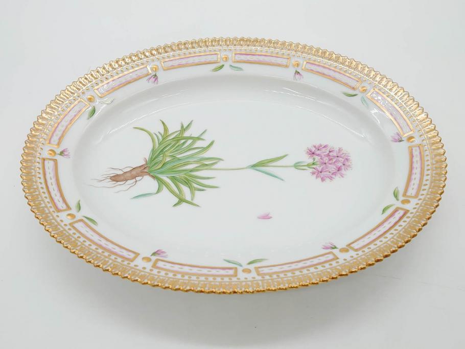 デンマーク　ROYAL COPENHAGEN(ロイヤルコペンハーゲン)　フローラダニカ　ピンクの花のデザインが可愛らしいオーバルプレート(金彩、フラワー、ディッシュ、中皿、洋食器、北欧)(R-080997)　