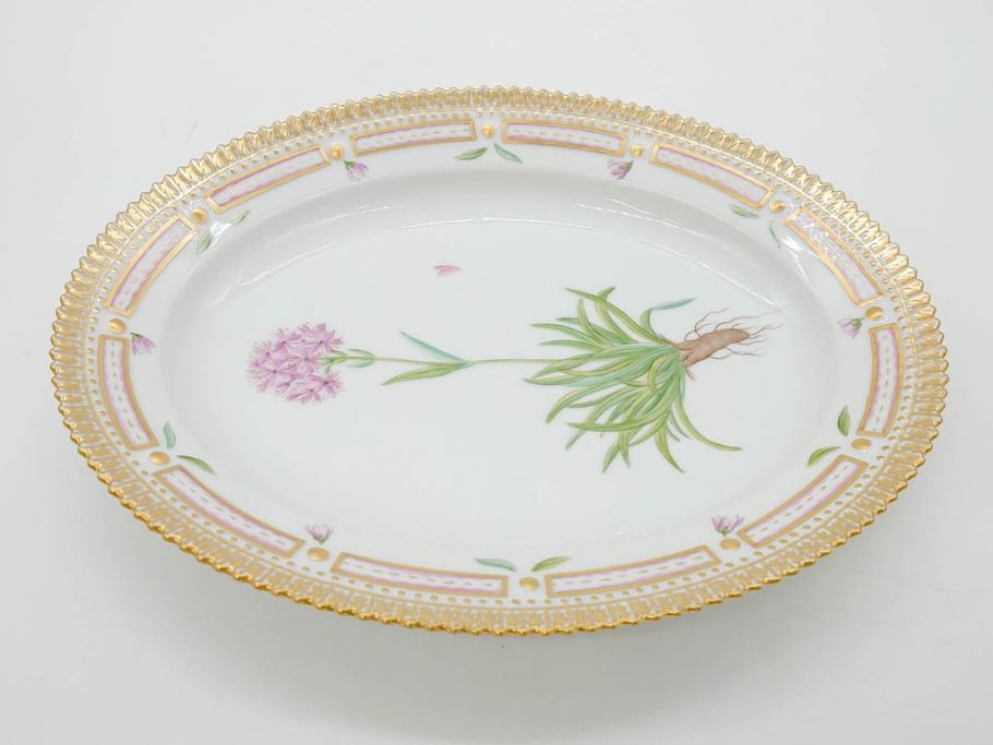 デンマーク　ROYAL COPENHAGEN(ロイヤルコペンハーゲン)　フローラダニカ　ピンクの花のデザインが可愛らしいオーバルプレート(金彩、フラワー、ディッシュ、中皿、洋食器、北欧)(R-080997)　