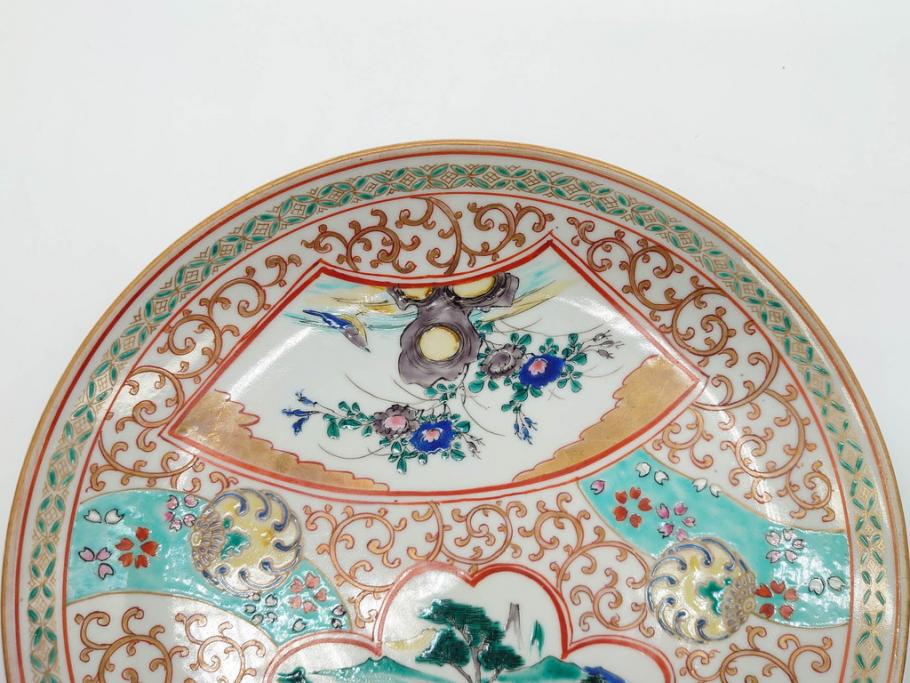 明治 九谷 花鳥風景 窓絵 唐草図 角福 中皿&小皿&ぐい呑み&そば