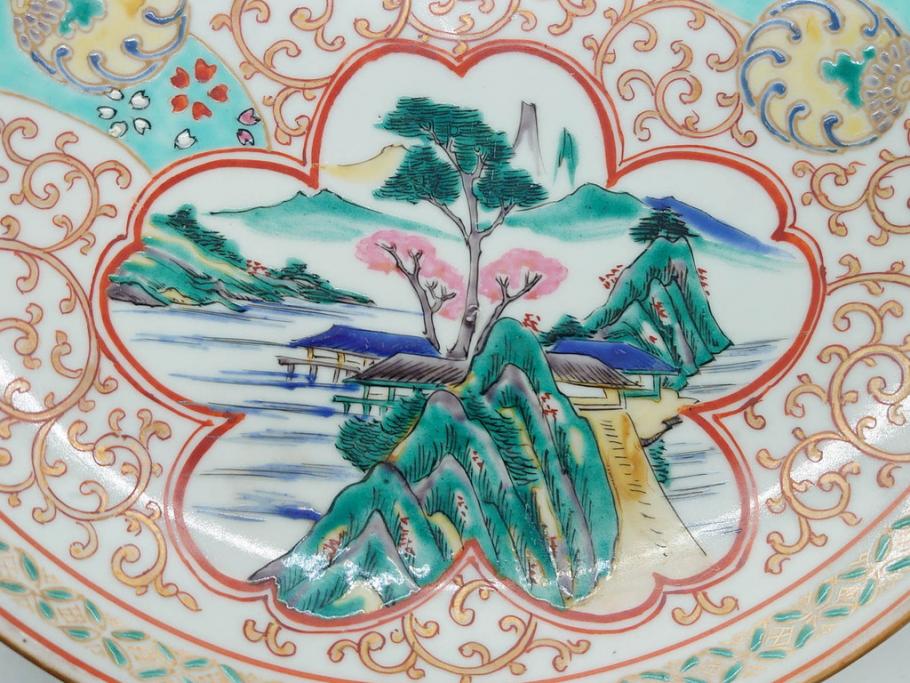 九谷 大皿 色絵付 鳥 幾何学 花唐草 明治 大正