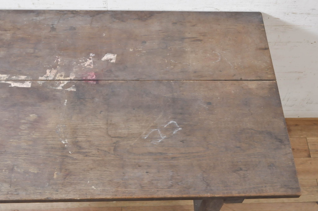 和製アンティーク　栗材　古い木味が魅力的な引き出し付き横長作業台(コンソールテーブル、ワークデスク、在宅用、在宅ワーク用)(R-073488)