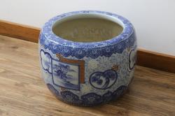 和製アンティーク　昭和初期〜中期　窓絵松竹図・南天　縁起の良いモチーフが描かれた瀬戸火鉢(鉢カバー、傘立て、金魚鉢)(R-079824)