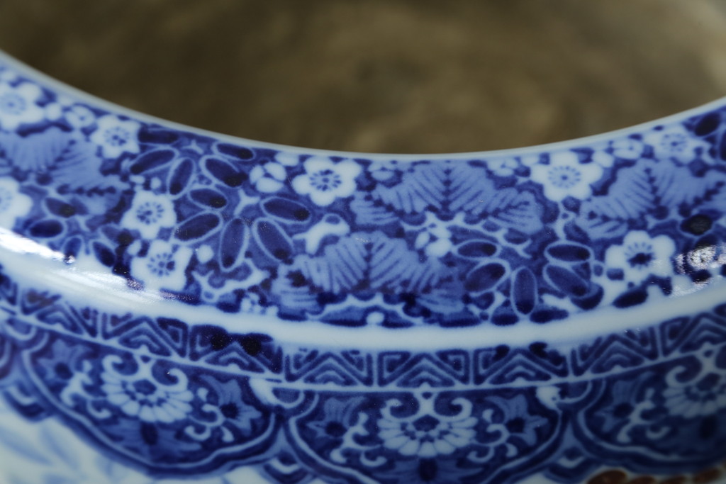 和製アンティーク　昭和初期〜中期　窓絵松竹図・南天　縁起の良いモチーフが描かれた瀬戸火鉢(鉢カバー、傘立て、金魚鉢)(R-079824)