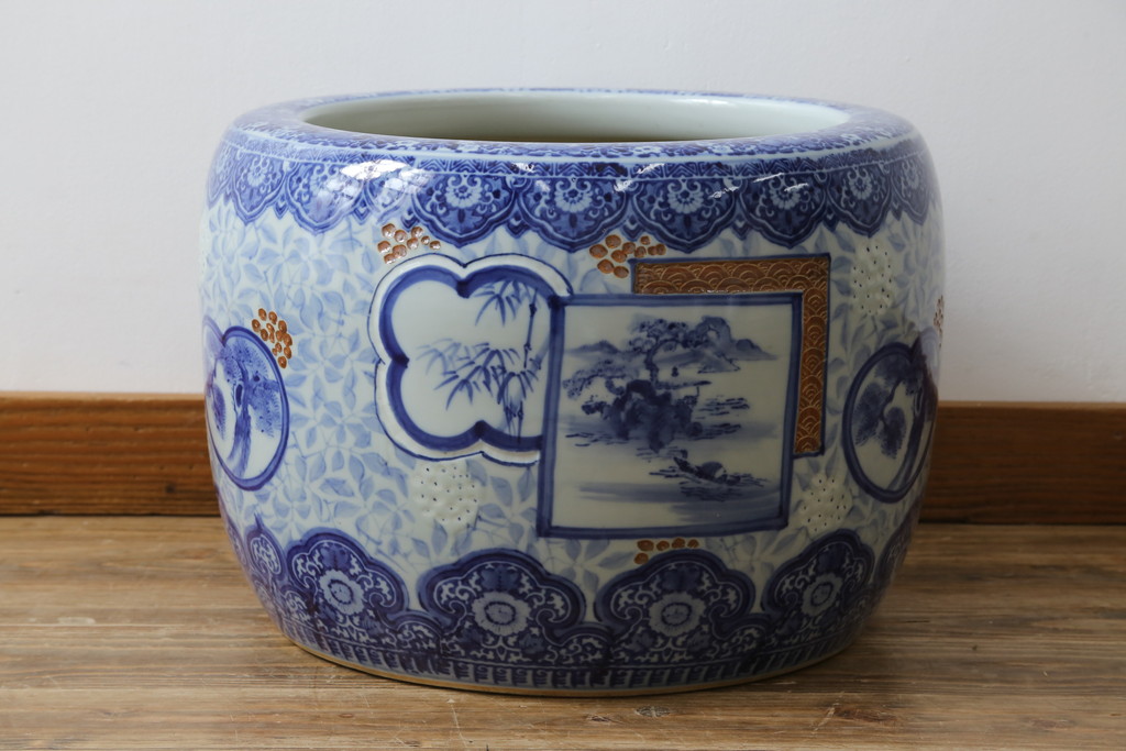 和製アンティーク　昭和初期〜中期　窓絵松竹図・南天　縁起の良いモチーフが描かれた瀬戸火鉢(鉢カバー、傘立て、金魚鉢)(R-079824)