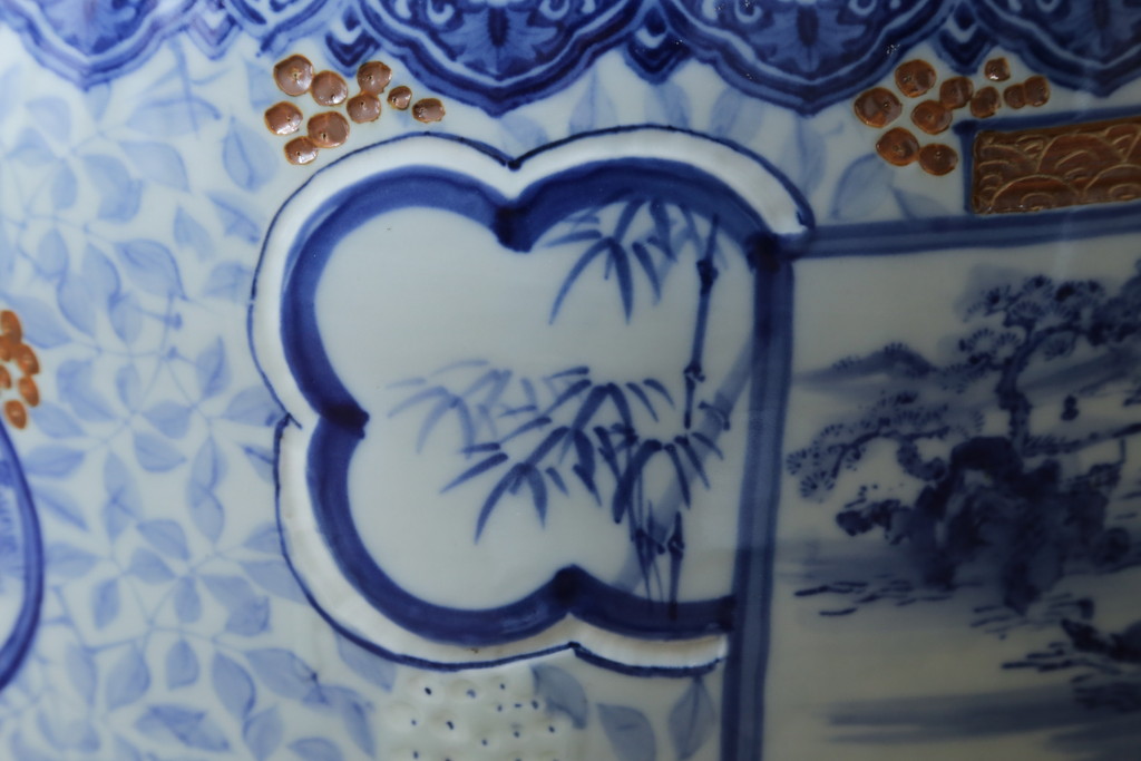 和製アンティーク　昭和初期〜中期　窓絵松竹図・南天　縁起の良いモチーフが描かれた瀬戸火鉢(鉢カバー、傘立て、金魚鉢)(R-079824)