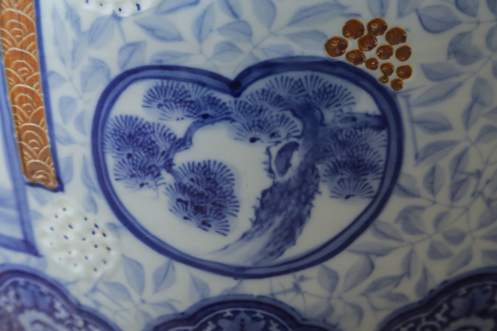 和製アンティーク　昭和初期〜中期　窓絵松竹図・南天　縁起の良いモチーフが描かれた瀬戸火鉢(鉢カバー、傘立て、金魚鉢)(R-079824)