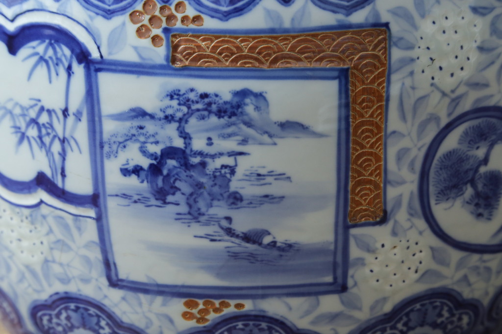 和製アンティーク　昭和初期〜中期　窓絵松竹図・南天　縁起の良いモチーフが描かれた瀬戸火鉢(鉢カバー、傘立て、金魚鉢)(R-079824)