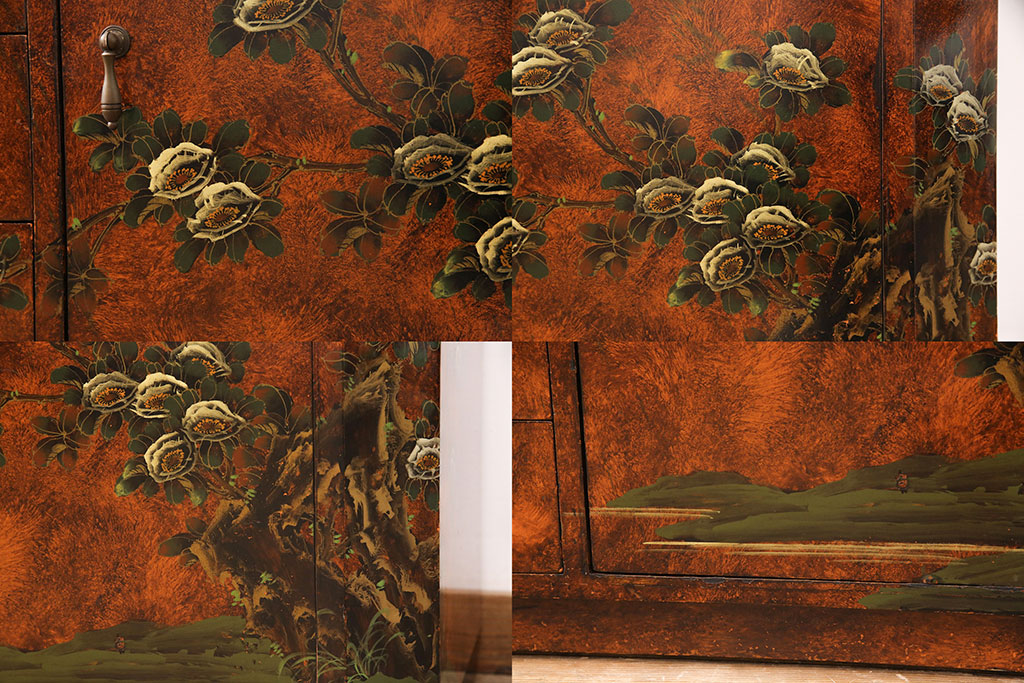 ヴィンテージ家具　繊細な絵柄が目を引くシノワズリ様式のサイドボード(リビングボード、引き出し、収納棚、ビンテージ)(R-051038)