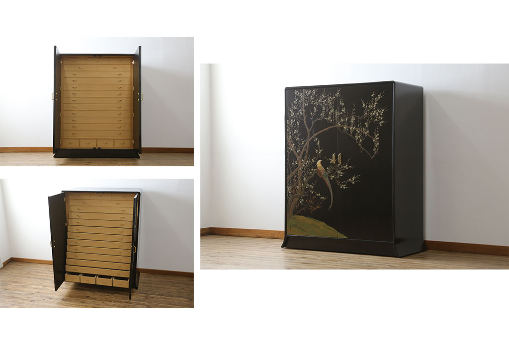 中古　香川漆器　伝統工芸士・小松庄一作　かくし付き　漆絵　桐材　梅鳥図　雅やかな漆絵が気品を感じる衣装箪笥(着物箪笥、収納箪笥、引き出し、桐箪笥、和たんす)(R-079730)