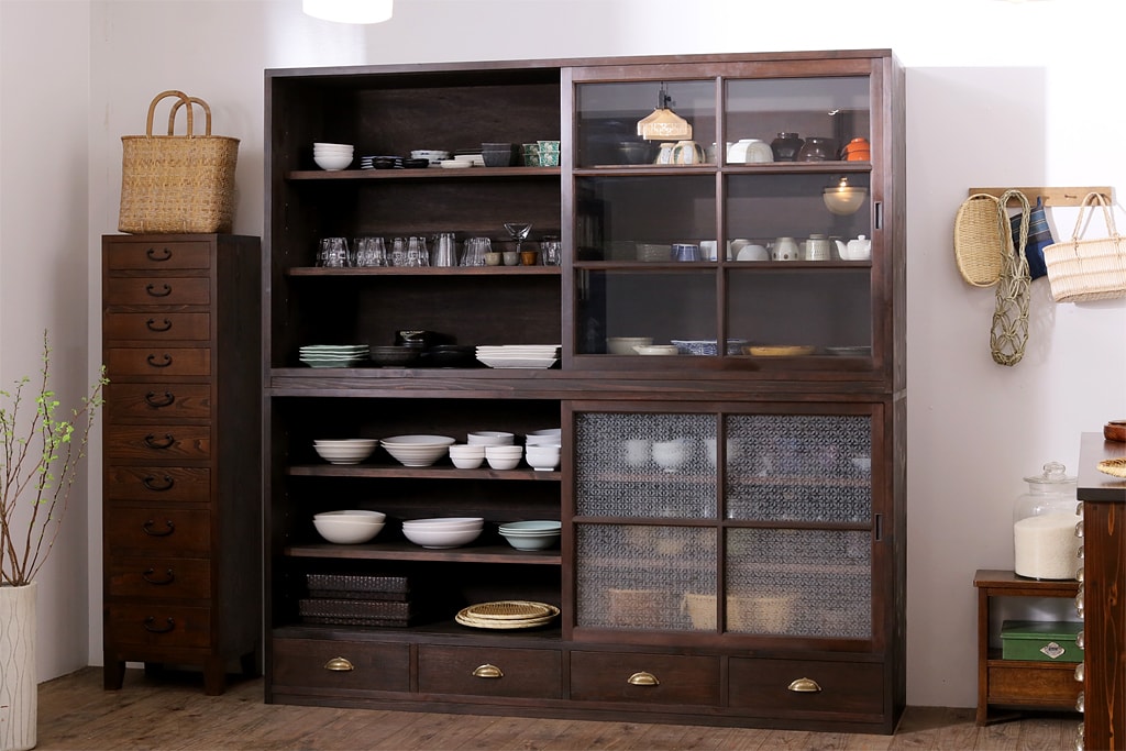 【オーダー注文・受注生産商品】ラフジュ工房オリジナル　ヒノキ無垢材・ヒバ材　当店オリジナルガラス入り　重ね戸棚(食器棚、収納棚)